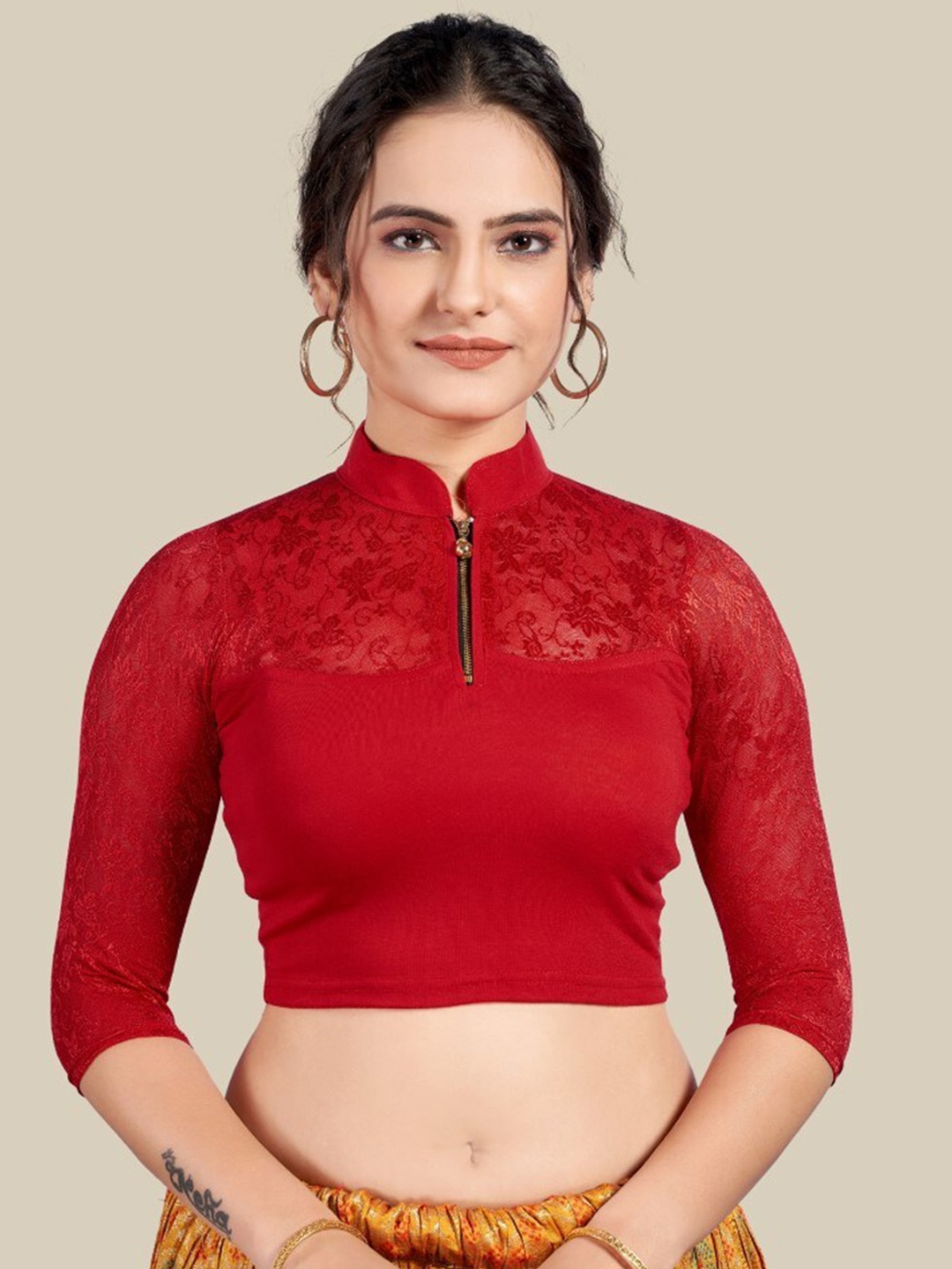 

HIMRISE Mandarin Collar Ready To Wear Saree Blouse, Red