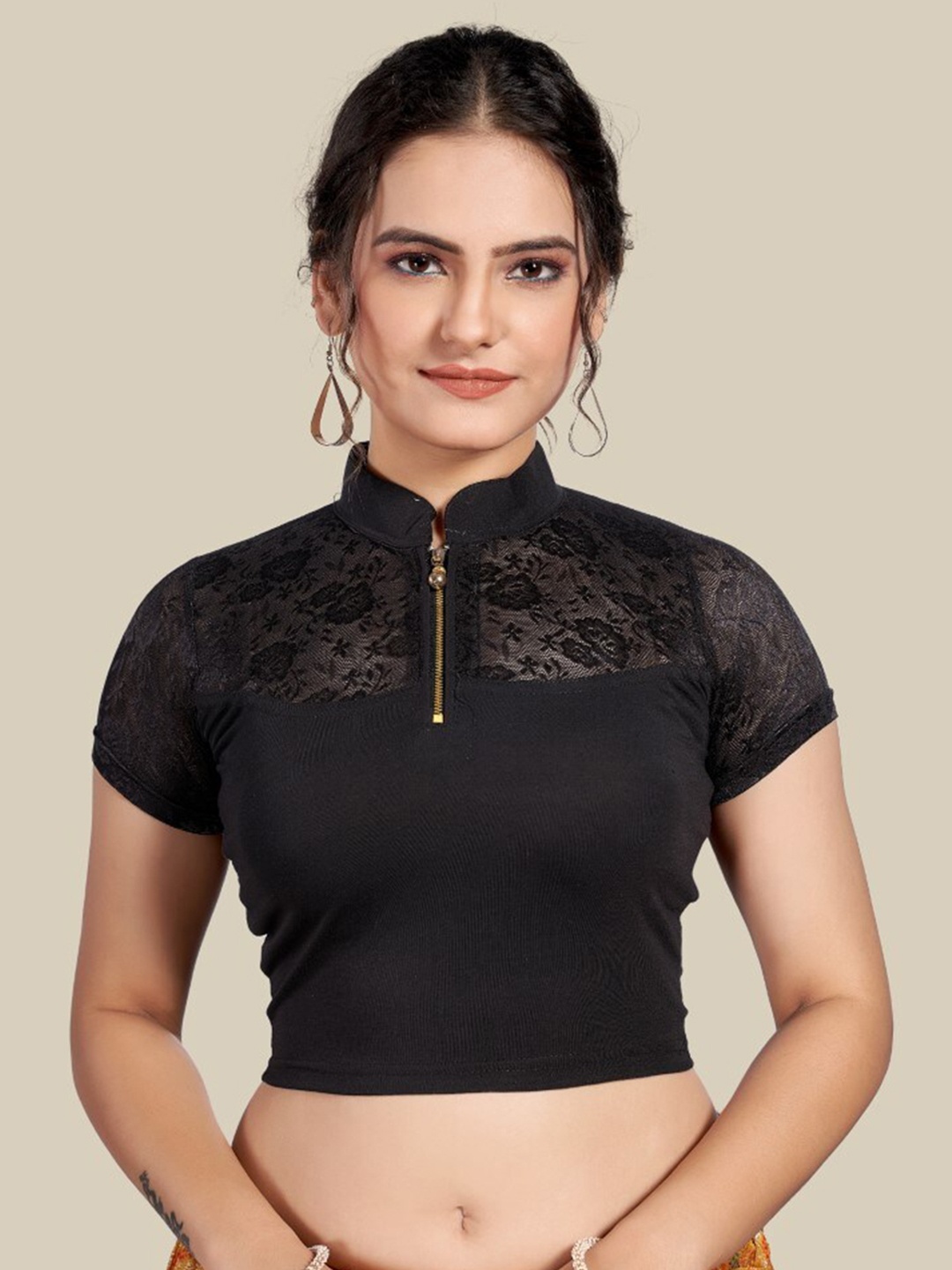 

HIMRISE Lace Mandarin Collar Silk Saree Blouse, Black