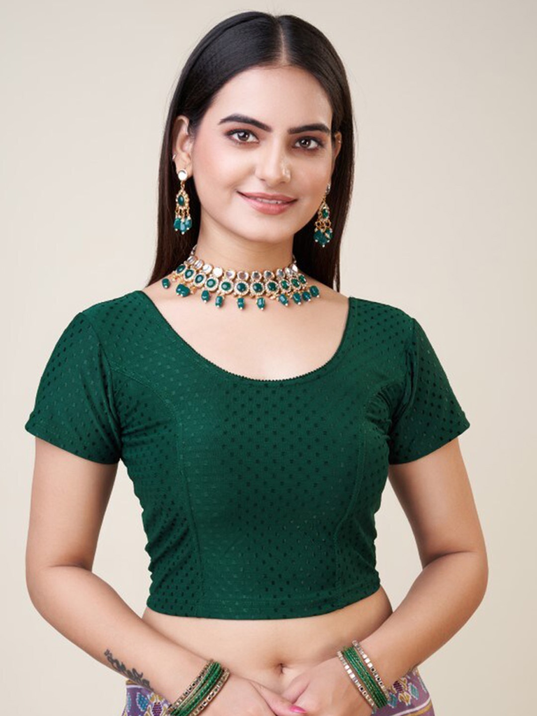 

HIMRISE Woven Design Silk Saree Blouse, Green