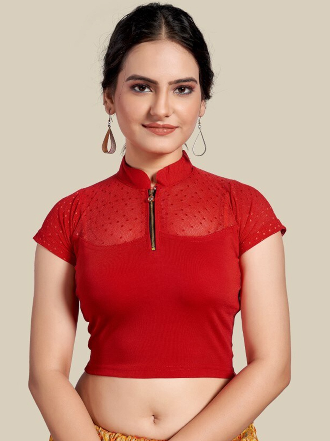 

HIMRISE Self Design Mandarin Collar Silk Saree Blouse, Red