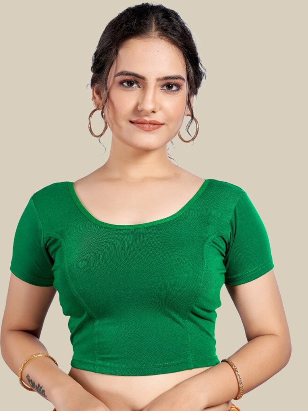 

HIMRISE Round Neck Silk Saree Blouse, Green