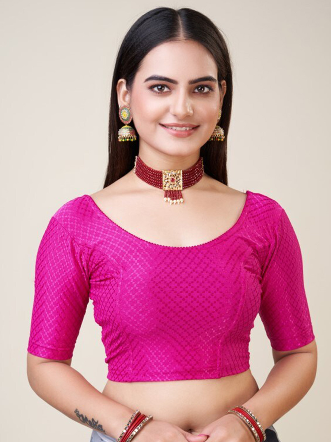

HIMRISE Woven Design Round Neck Short Sleeves Silk Saree Blouse, Pink
