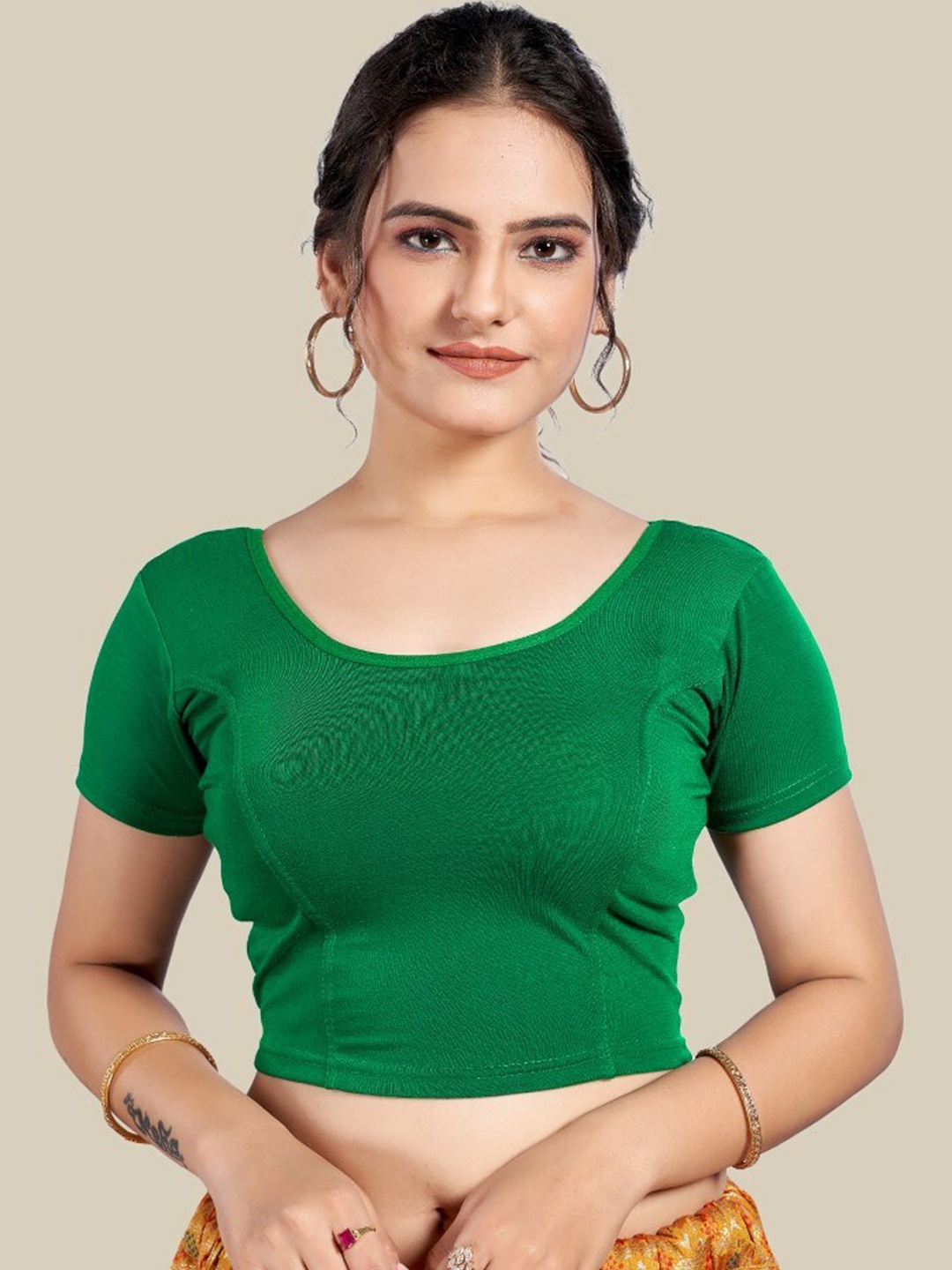 

HIMRISE Round Neck Silk Saree Blouse, Green