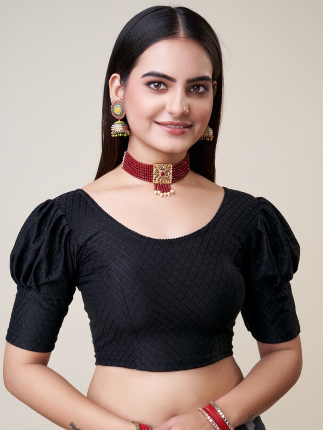 

HIMRISE Self Design Ready To Wear Silk Saree Blouse, Black