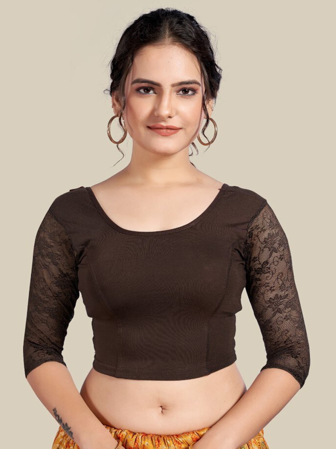 

HIMRISE Round Neck Three Qurter Sleeves Saree Blouse, Brown