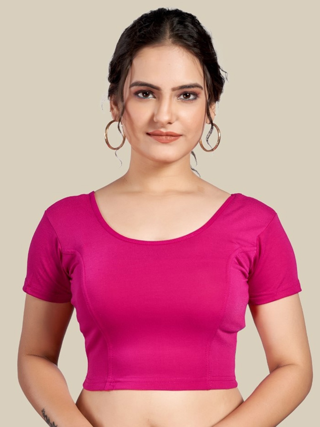 

HIMRISE Round Neck Short Sleeve Silk Saree Blouse, Pink