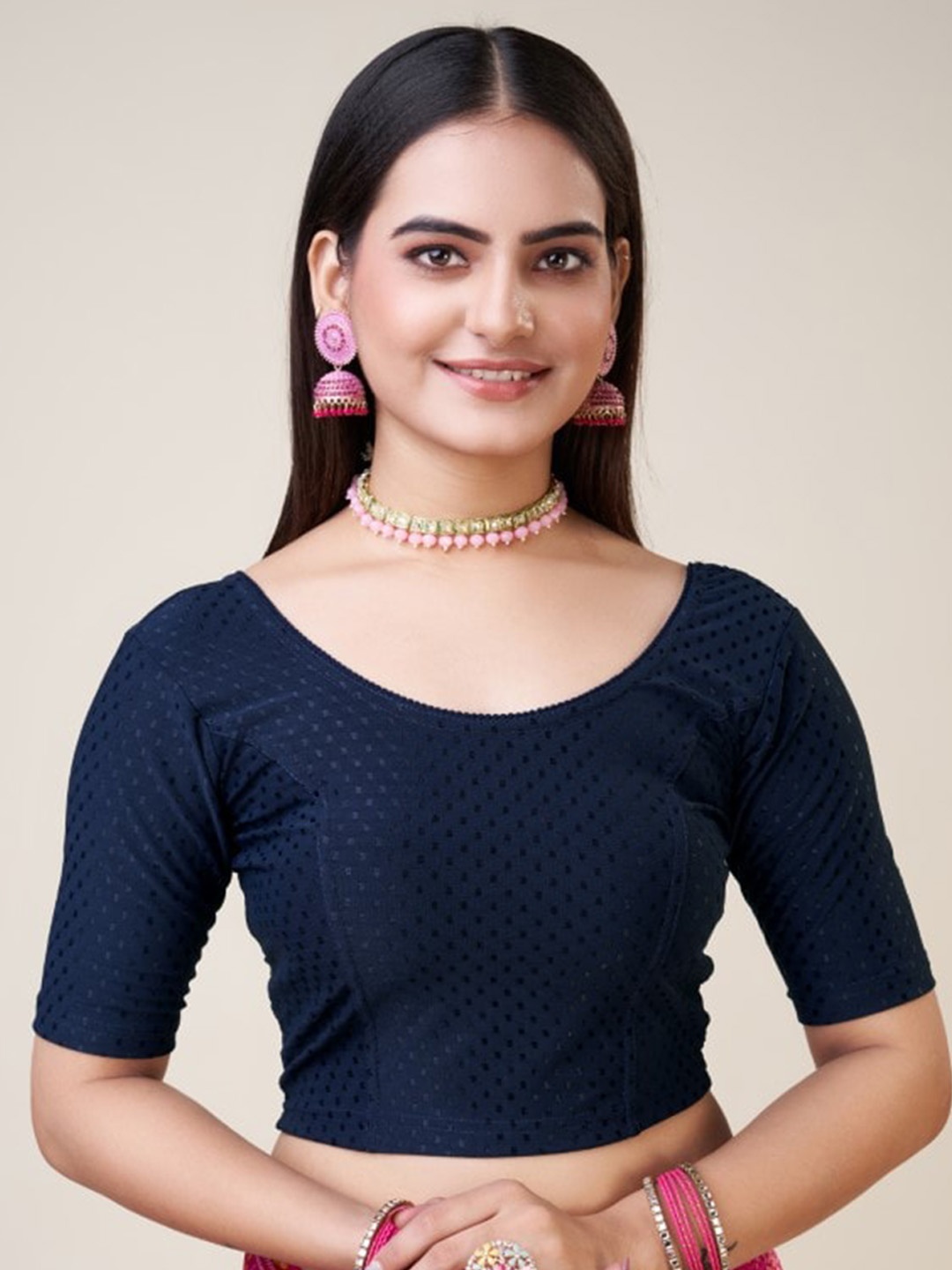 

HIMRISE Woven Design Silk Saree Blouse, Navy blue