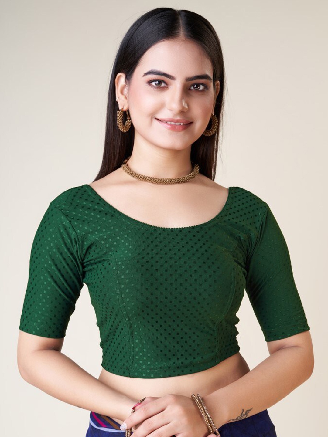 

HIMRISE Self Design Round Neck Short Sleeves Silk Saree Blouse, Green