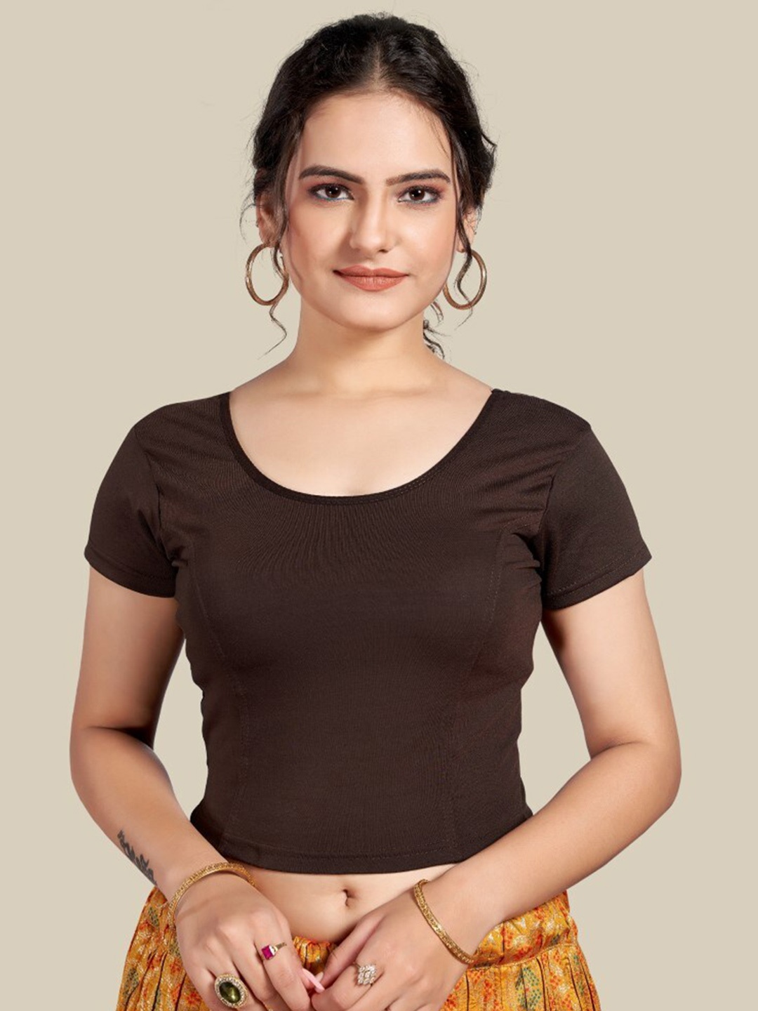 

HIMRISE Round Neck Short Sleeves Saree Blouse, Brown