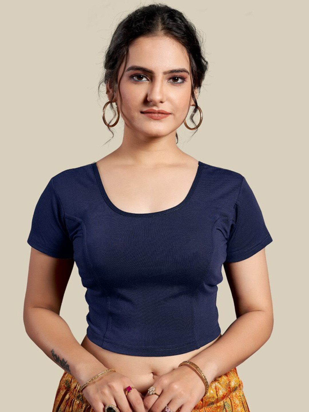 

HIMRISE Round Neck Short Sleeves Saree Blouse, Navy blue