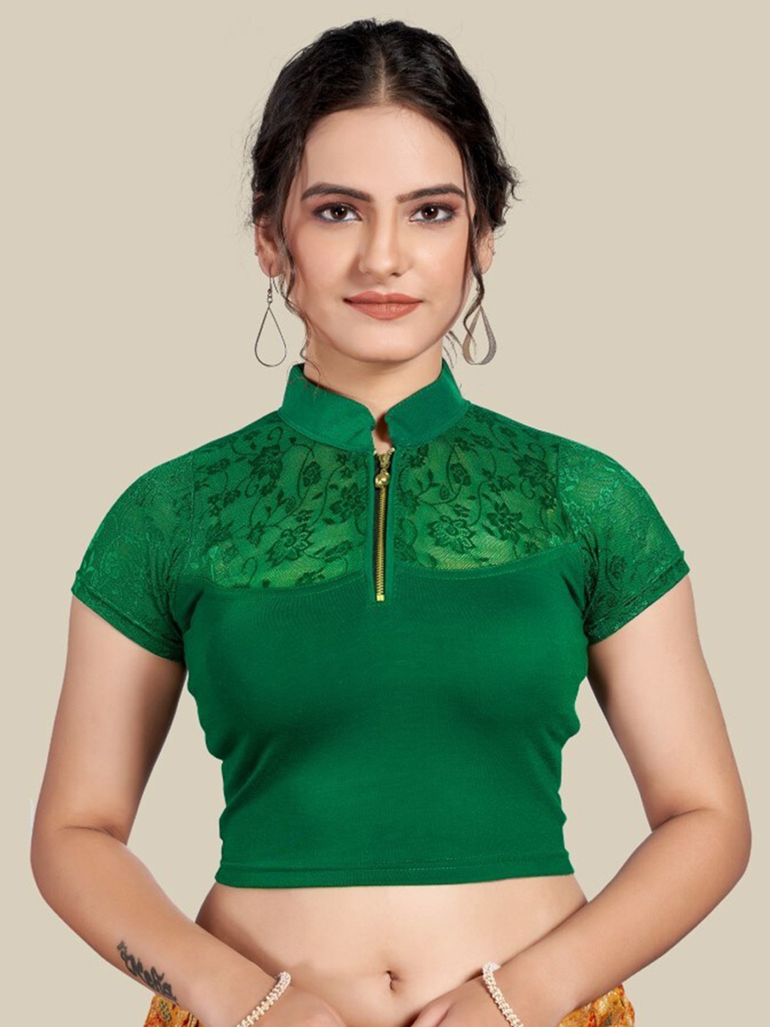 

HIMRISE Self Design Mandarin Collar Saree Blouse, Green