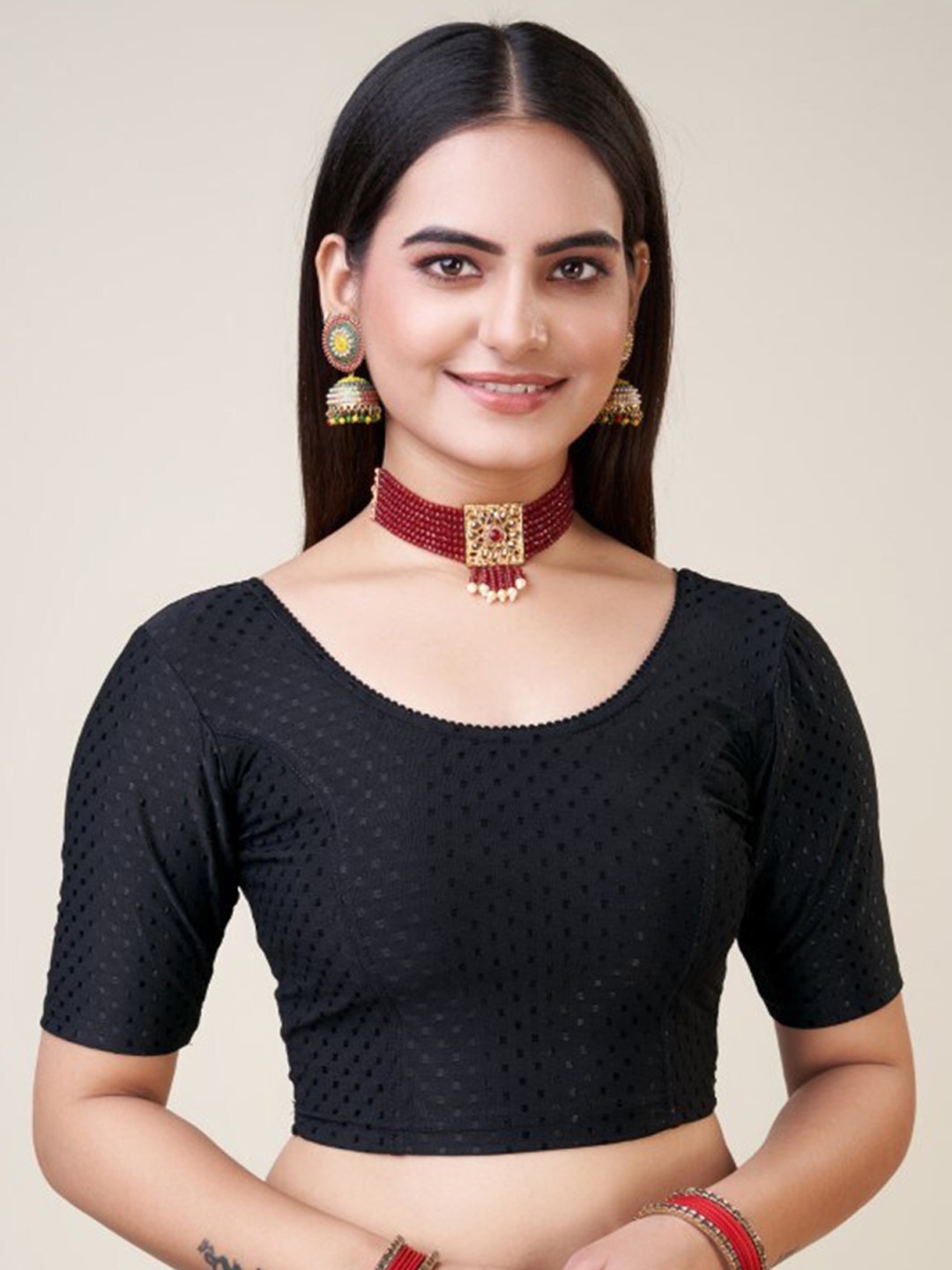 

HIMRISE Woven Design Silk Short Sleeves Ready To Wear Saree Blouse, Black