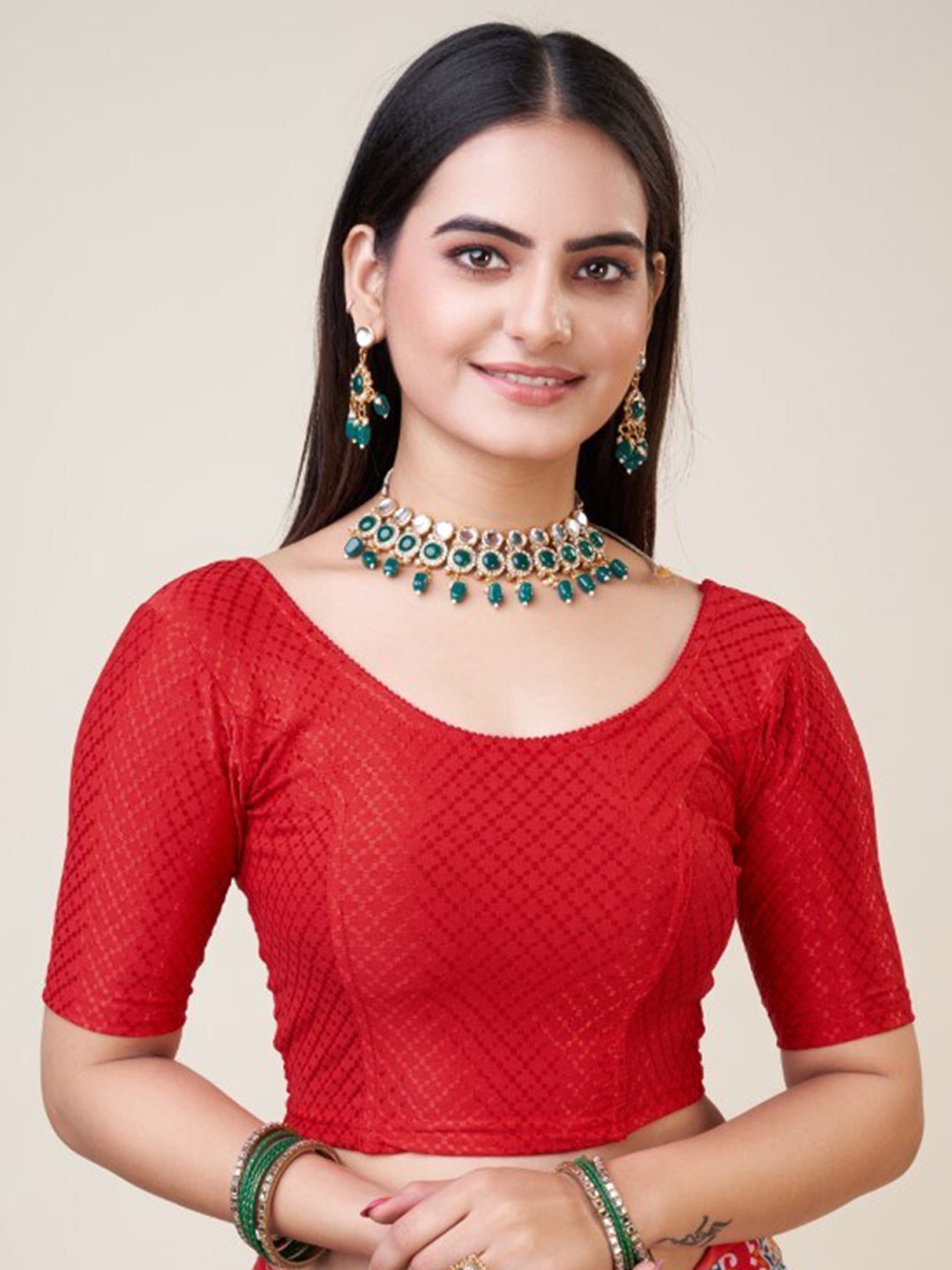 

HIMRISE Woven Design Silk Saree Blouse, Red