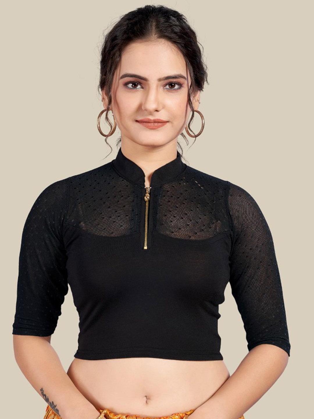 

HIMRISE Self Design Mandarin Collar Silk Saree Blouse, Black