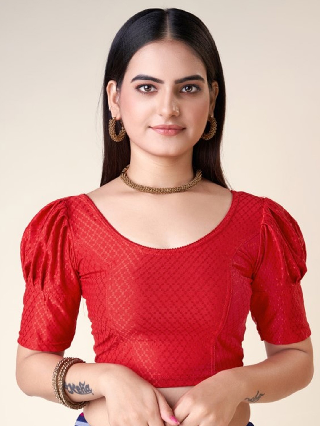 

HIMRISE Woven Design Silk Saree Blouse, Red