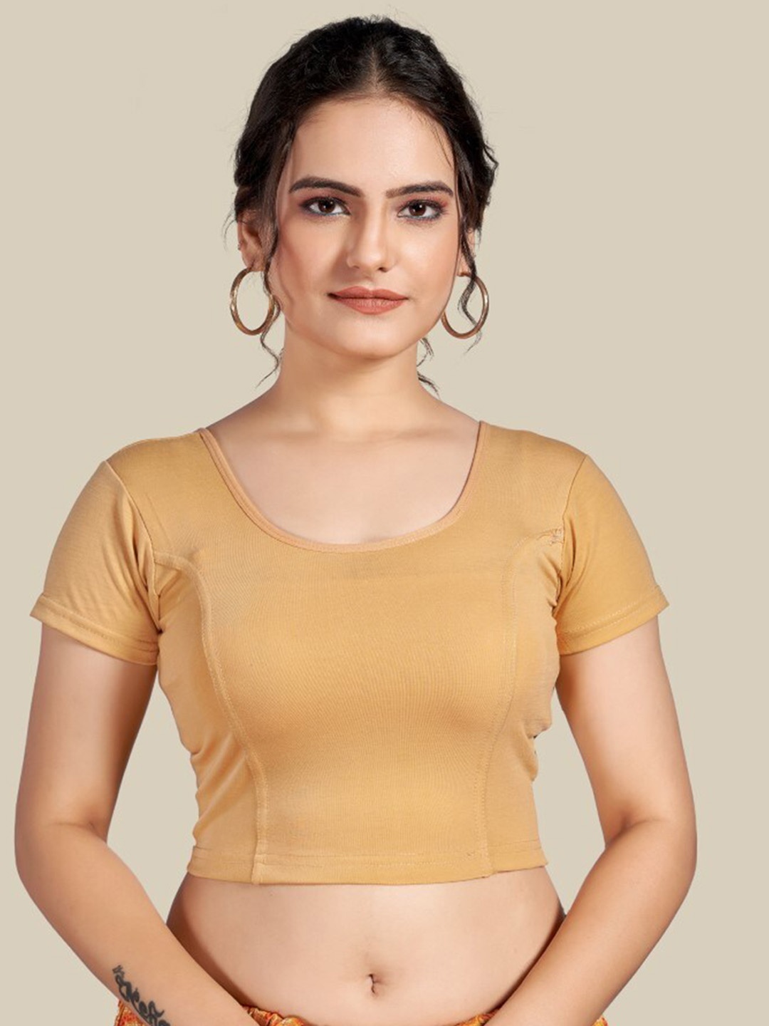 

HIMRISE Round Neck Short Sleeves Silk Ready To Wear Saree Blouse, Gold