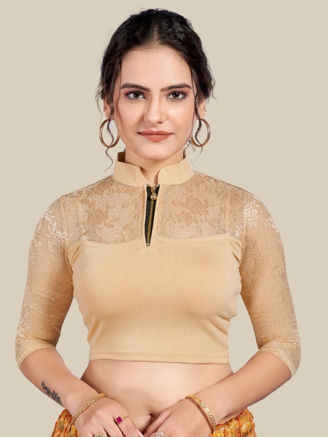 

HIMRISE Woven Design Mandarin Collar Silk Saree Blouse, Beige