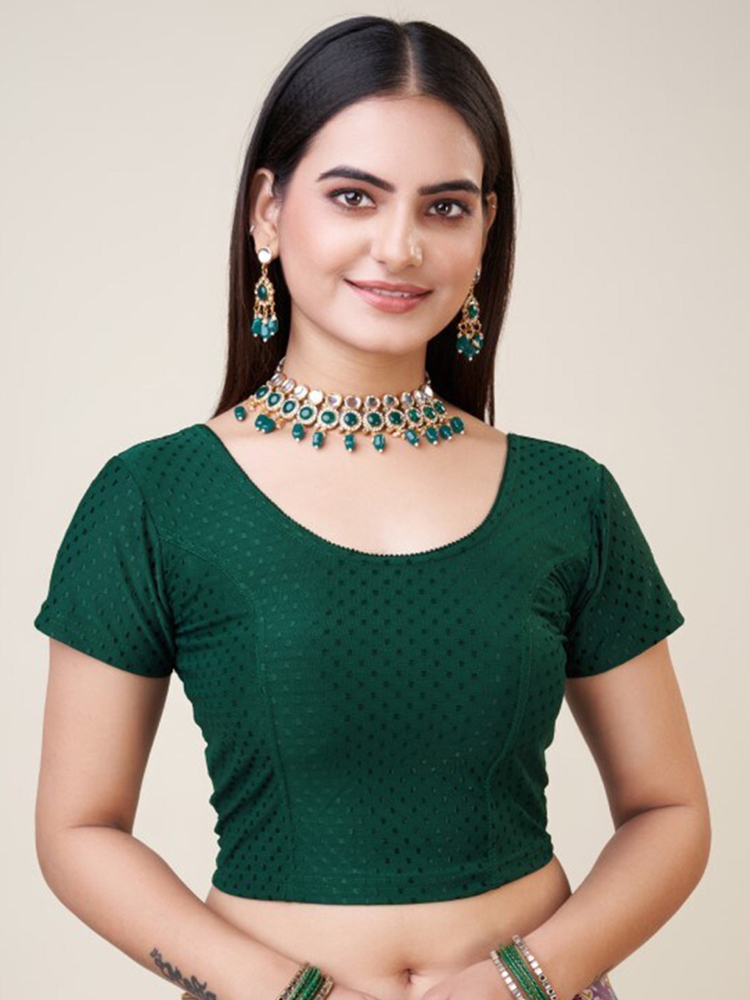

HIMRISE Self Design Ready To Wear Silk Saree Blouse, Green