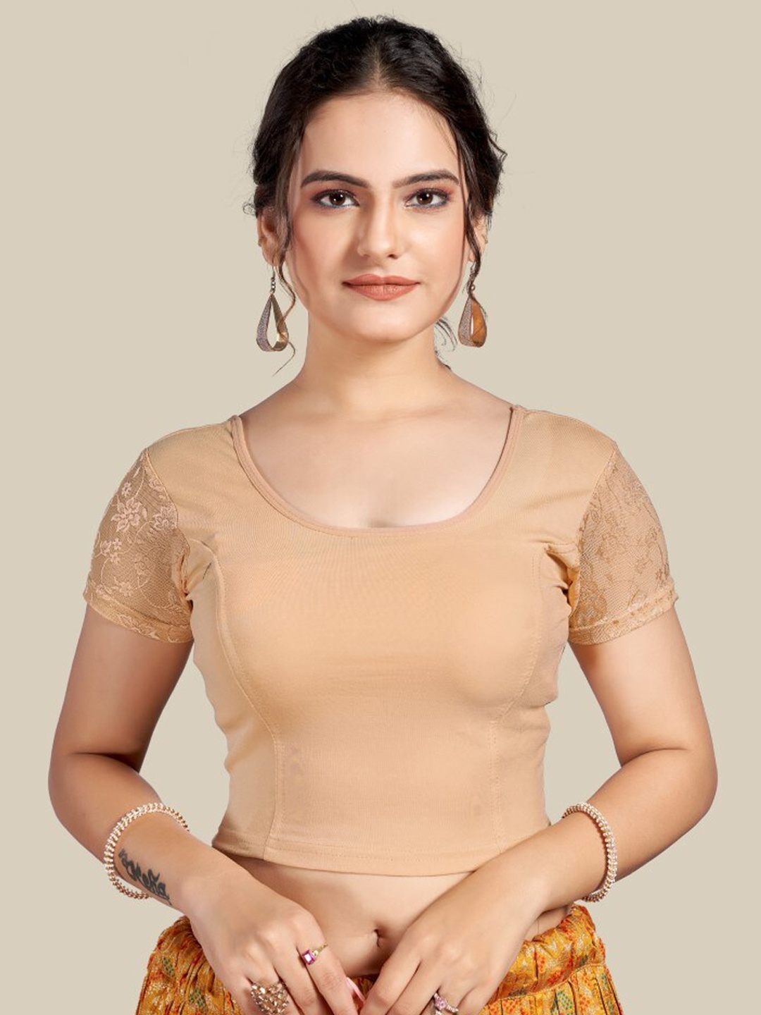 

HIMRISE Round Neck Short Sleeve Silk Saree Blouse, Gold
