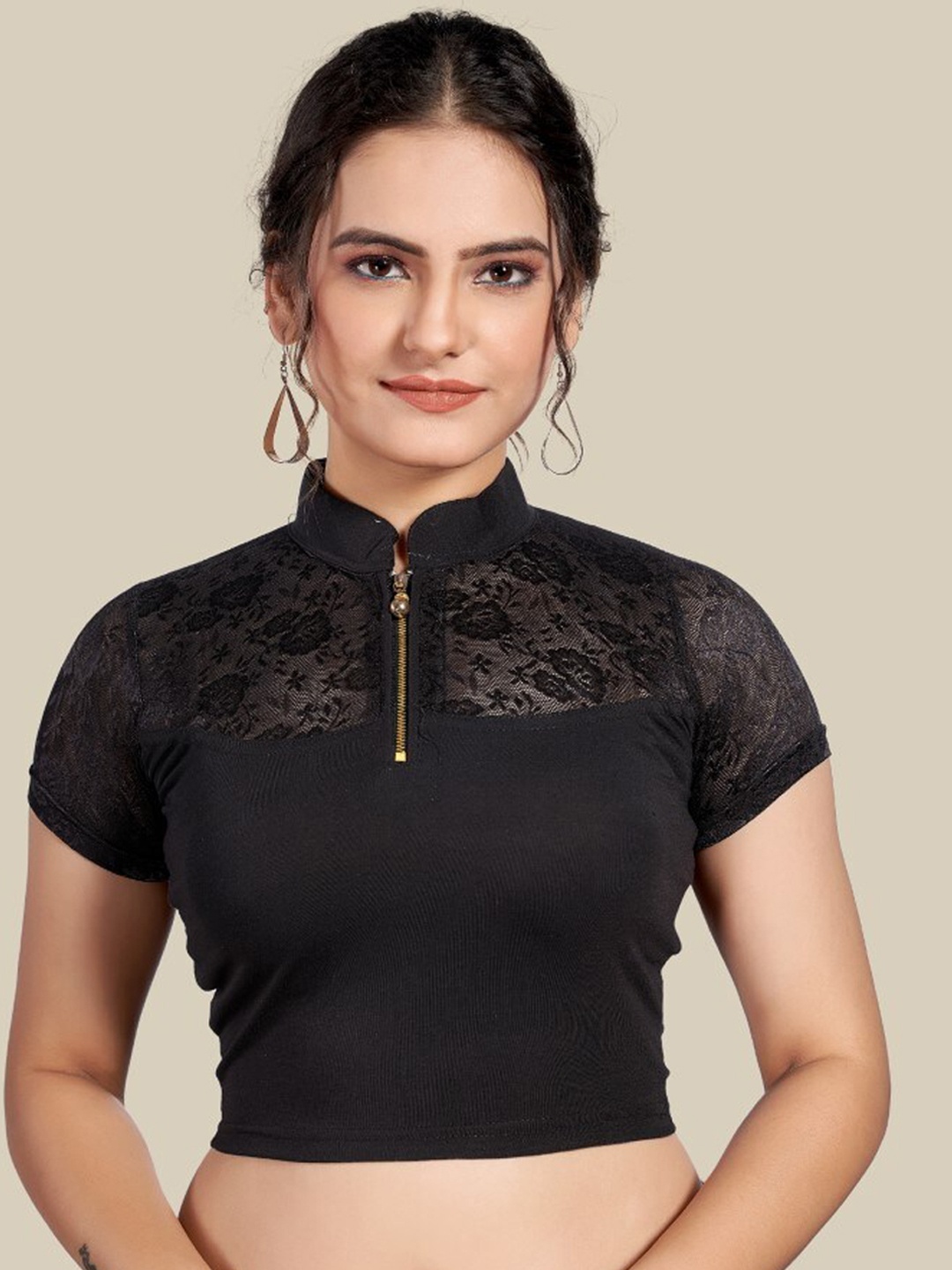 

HIMRISE Lace Mandarin Collar Saree Blouse, Black