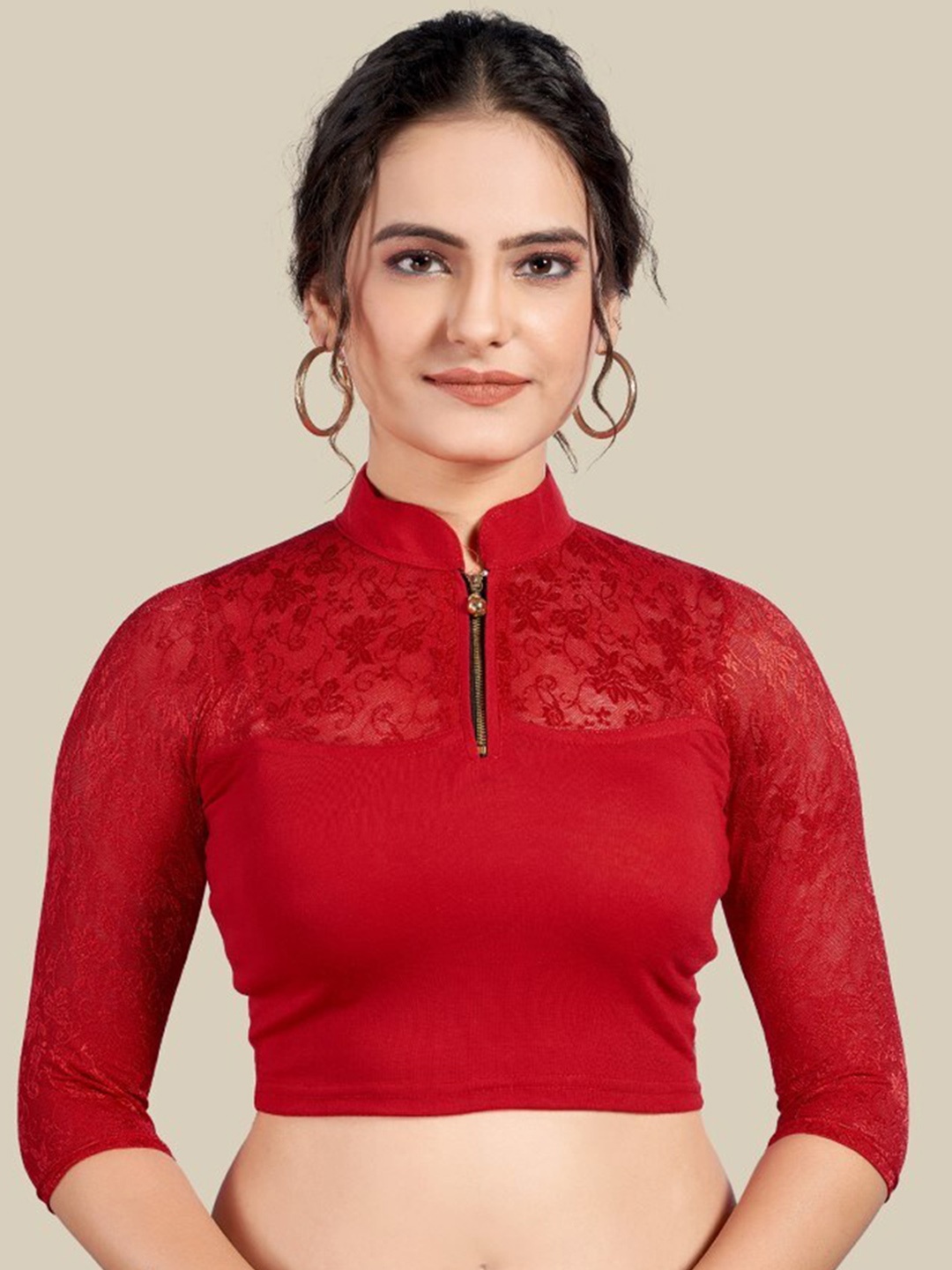 

HIMRISE Self Design Mandarin Collar Silk Saree Blouse, Red
