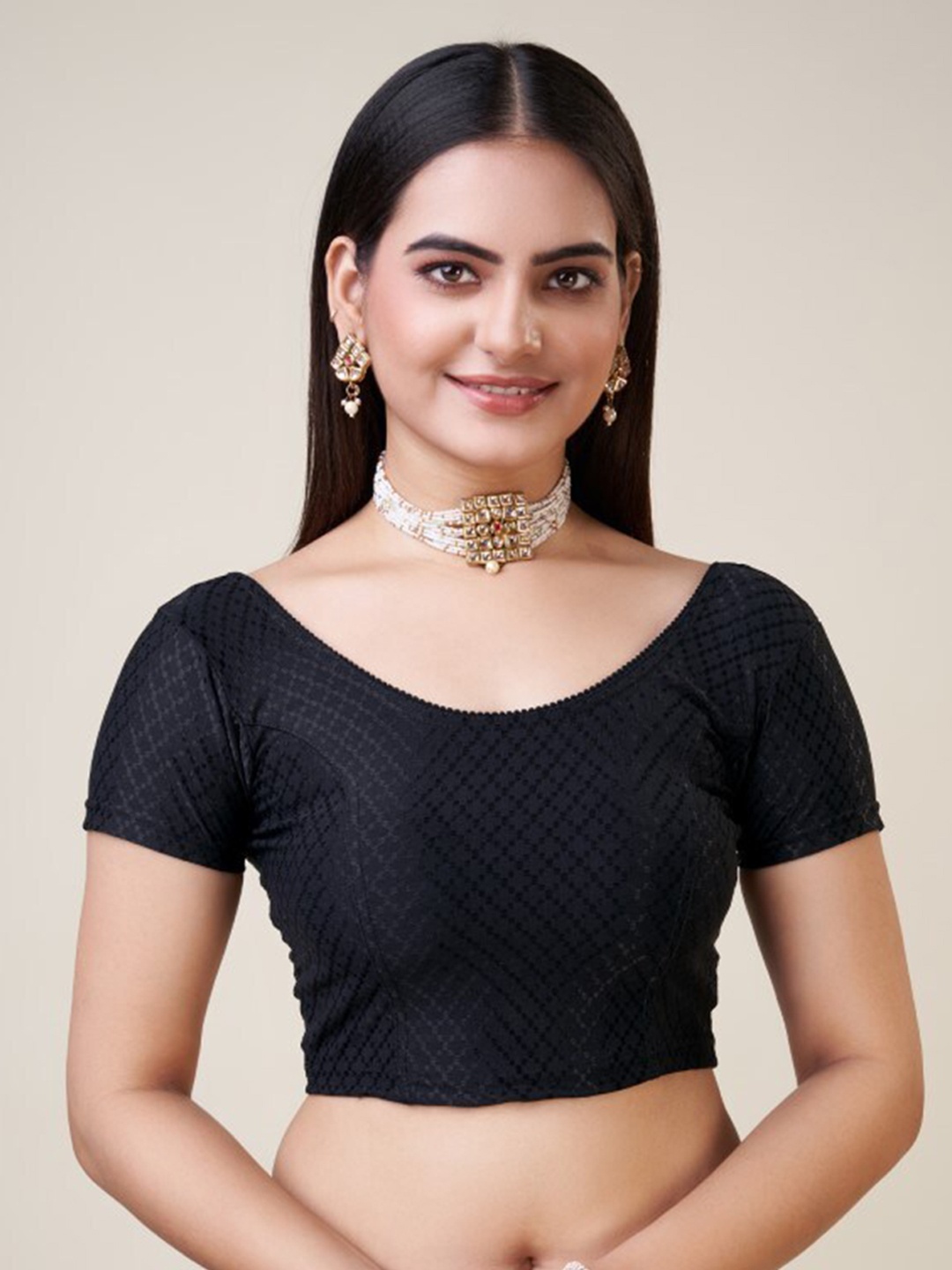 

HIMRISE Self Design Ready To Wear Silk Saree Blouse, Black