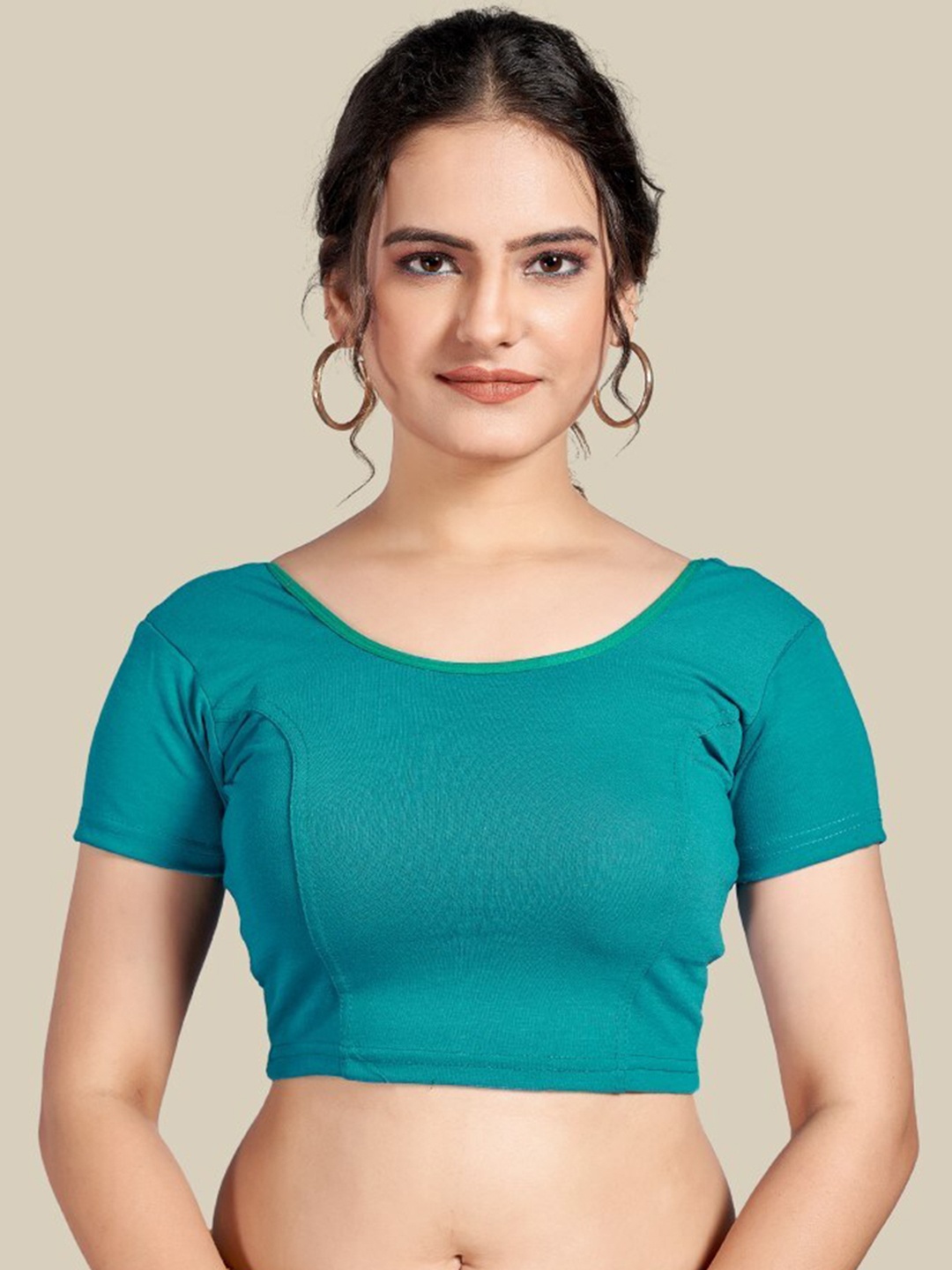 

HIMRISE Round Neck Short Sleeves Saree Blouse, Turquoise blue