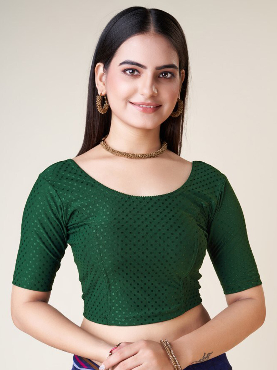 

HIMRISE Woven Design Silk Short Sleeves Ready To Wear Saree Blouse, Green