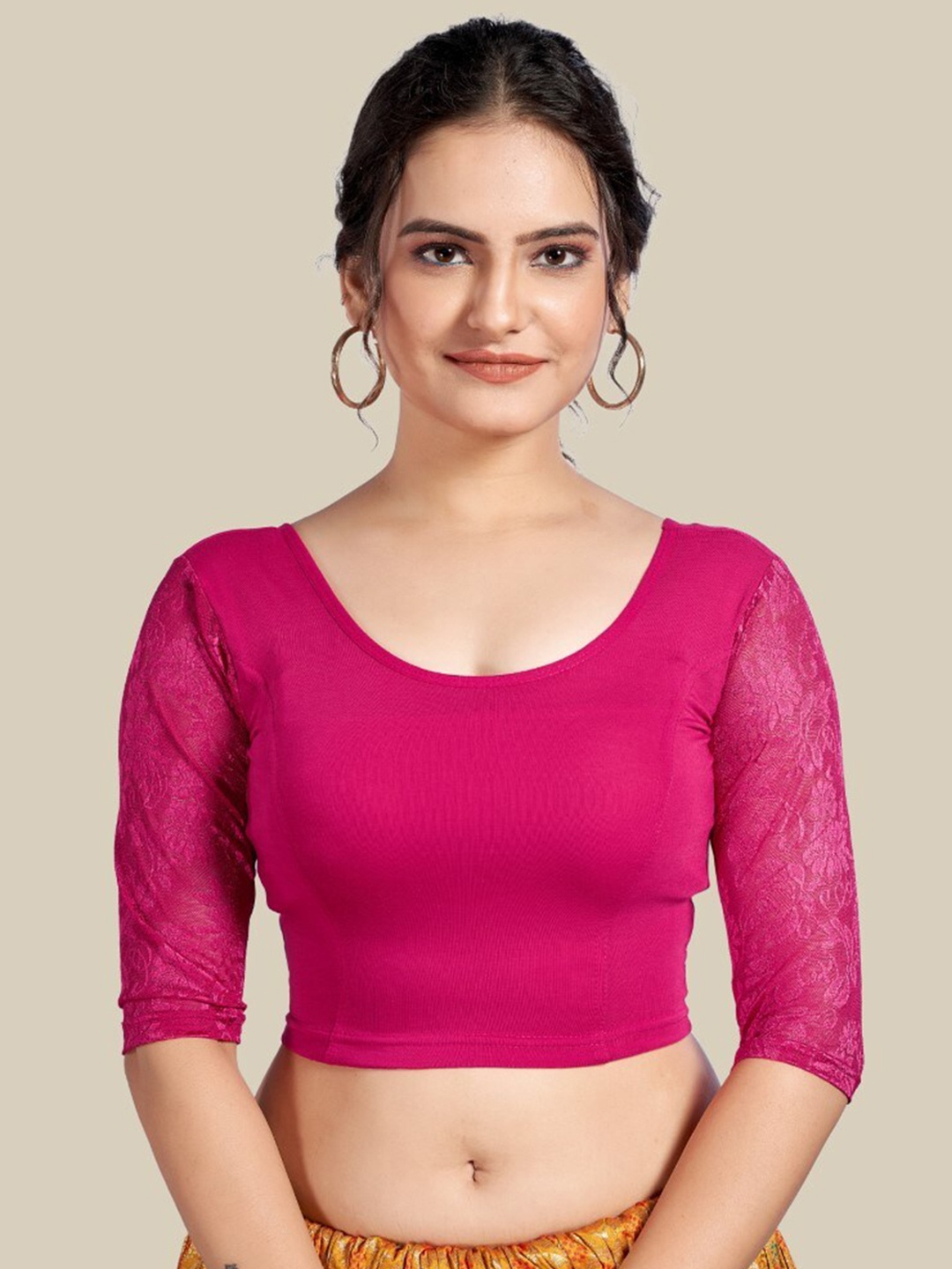 

HIMRISE Lace Sleeves Ready To Wear Saree Blouse, Magenta