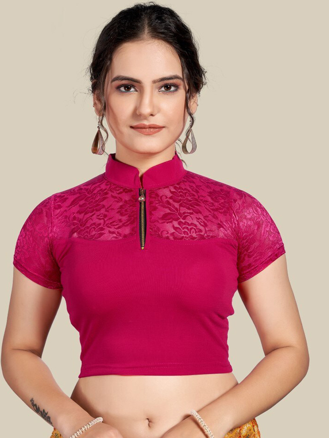 

HIMRISE Self Design Mandarin Collar Silk Saree Blouse, Pink
