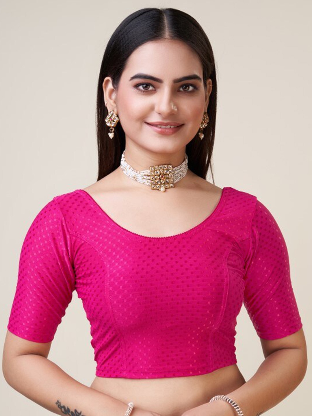 

HIMRISE Woven Design Round Neck Short Sleeves Silk Saree Blouse, Pink