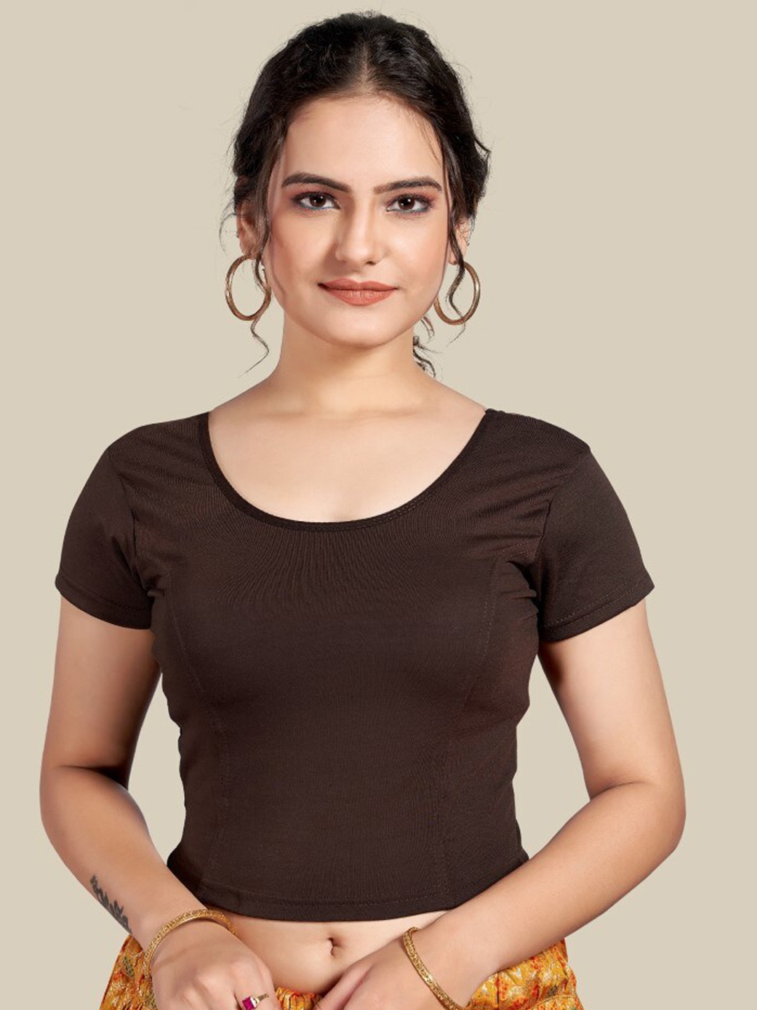 

HIMRISE Round Neck Short Sleeve Saree Blouse, Brown
