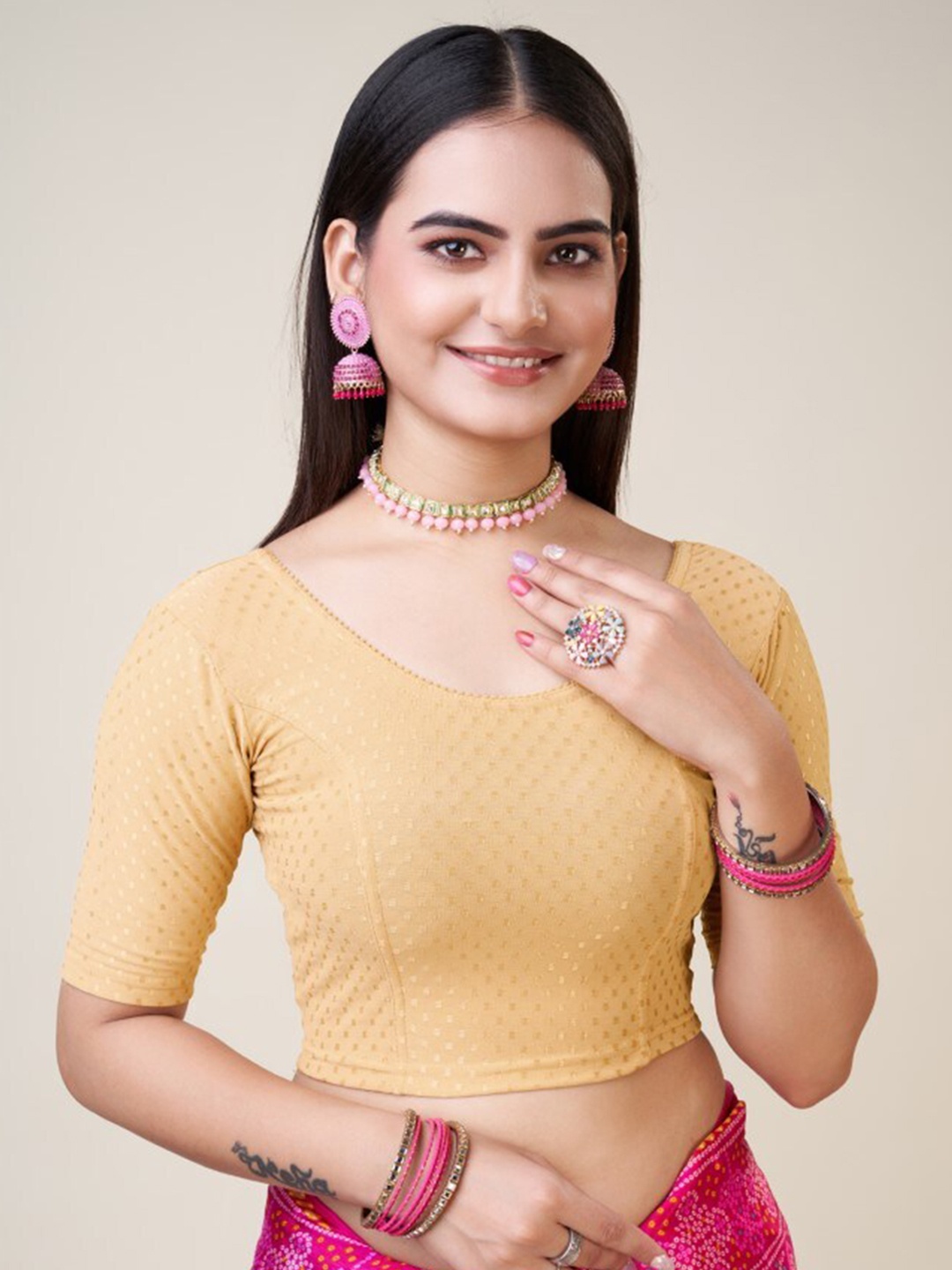 

HIMRISE Woven Design Round Neck Silk Saree Blouse, Gold