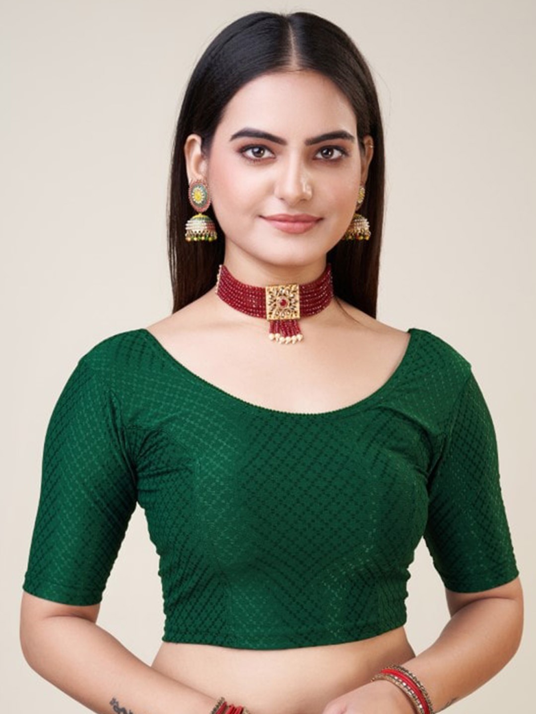 

HIMRISE Geometeric Woven Design Silk Saree Blouse, Green