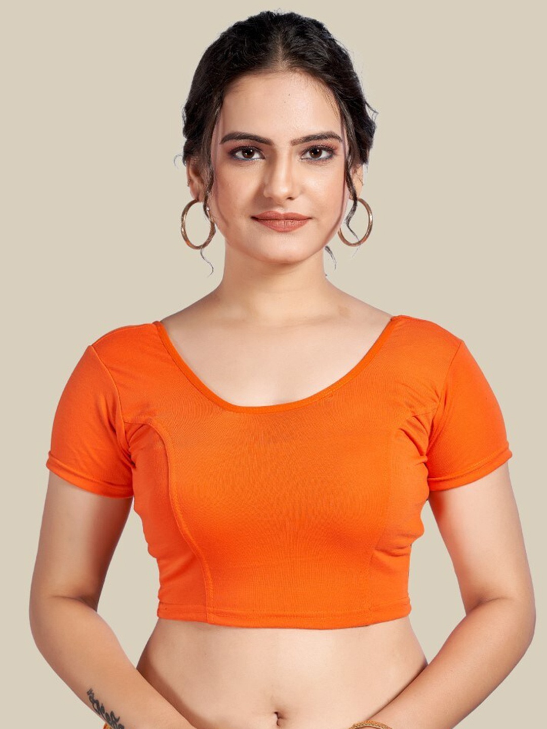 

HIMRISE Round Neck Short Sleeves Silk Saree Blouse, Orange