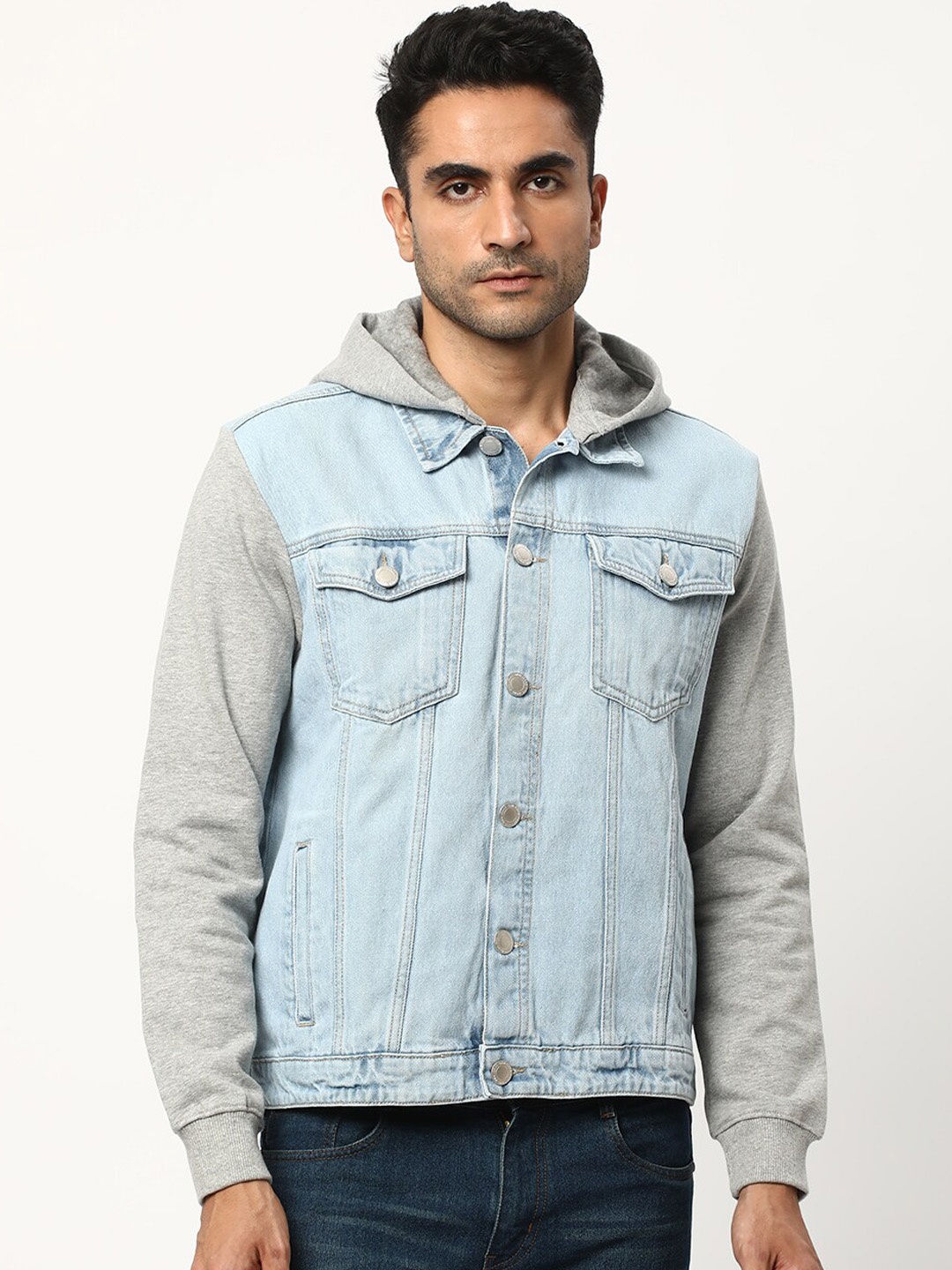 

R&B Hooded Cotton Denim Jacket, Blue