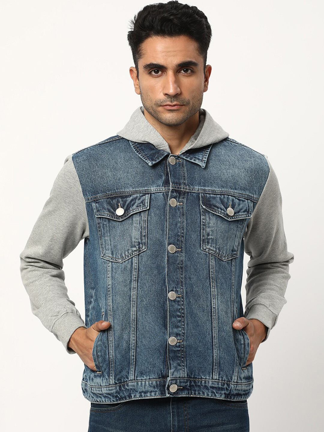 

R&B Hooded Cotton Denim Jacket, Blue