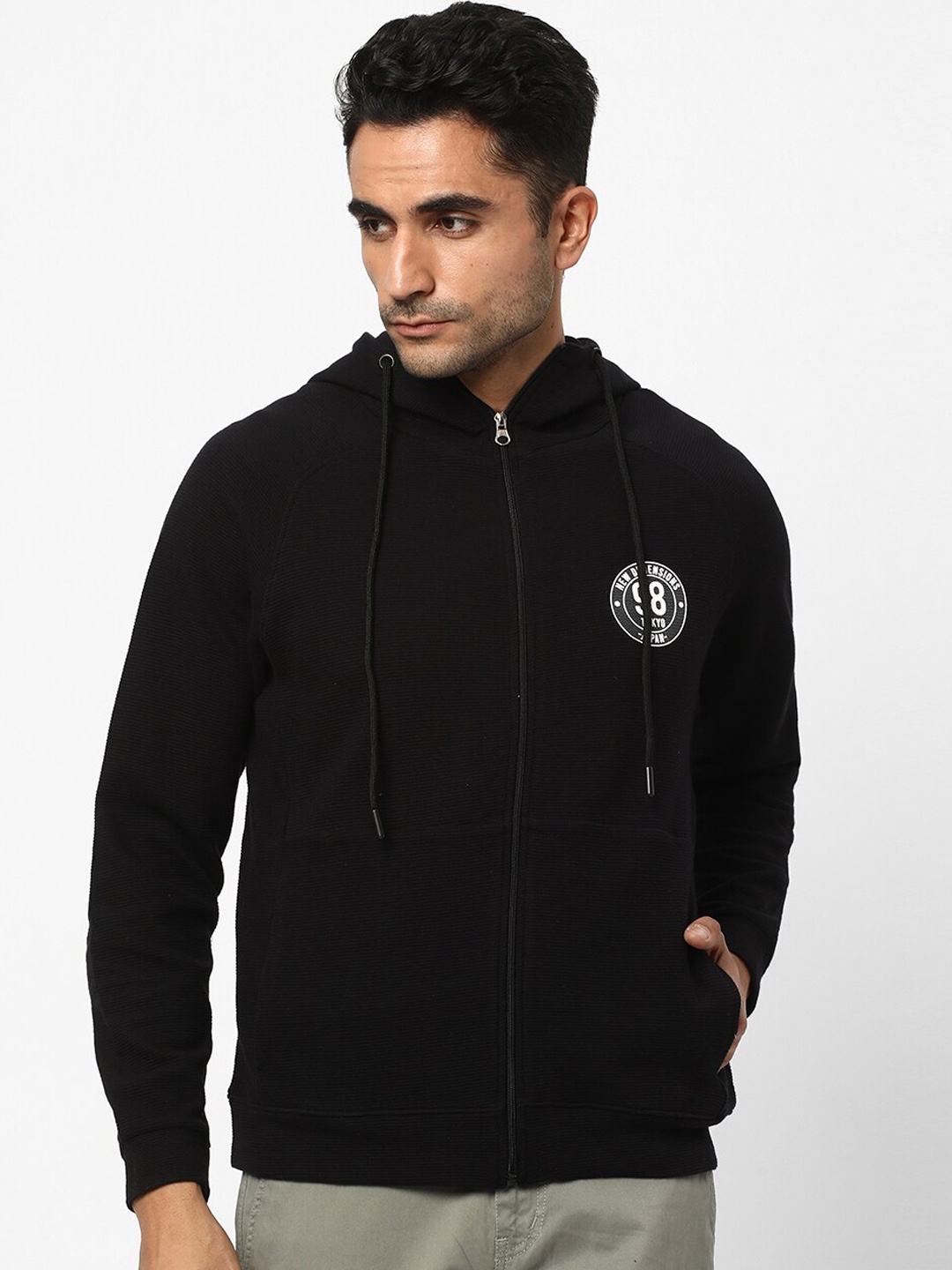 

R&B Hooded Cotton Bomber Jacket, Black