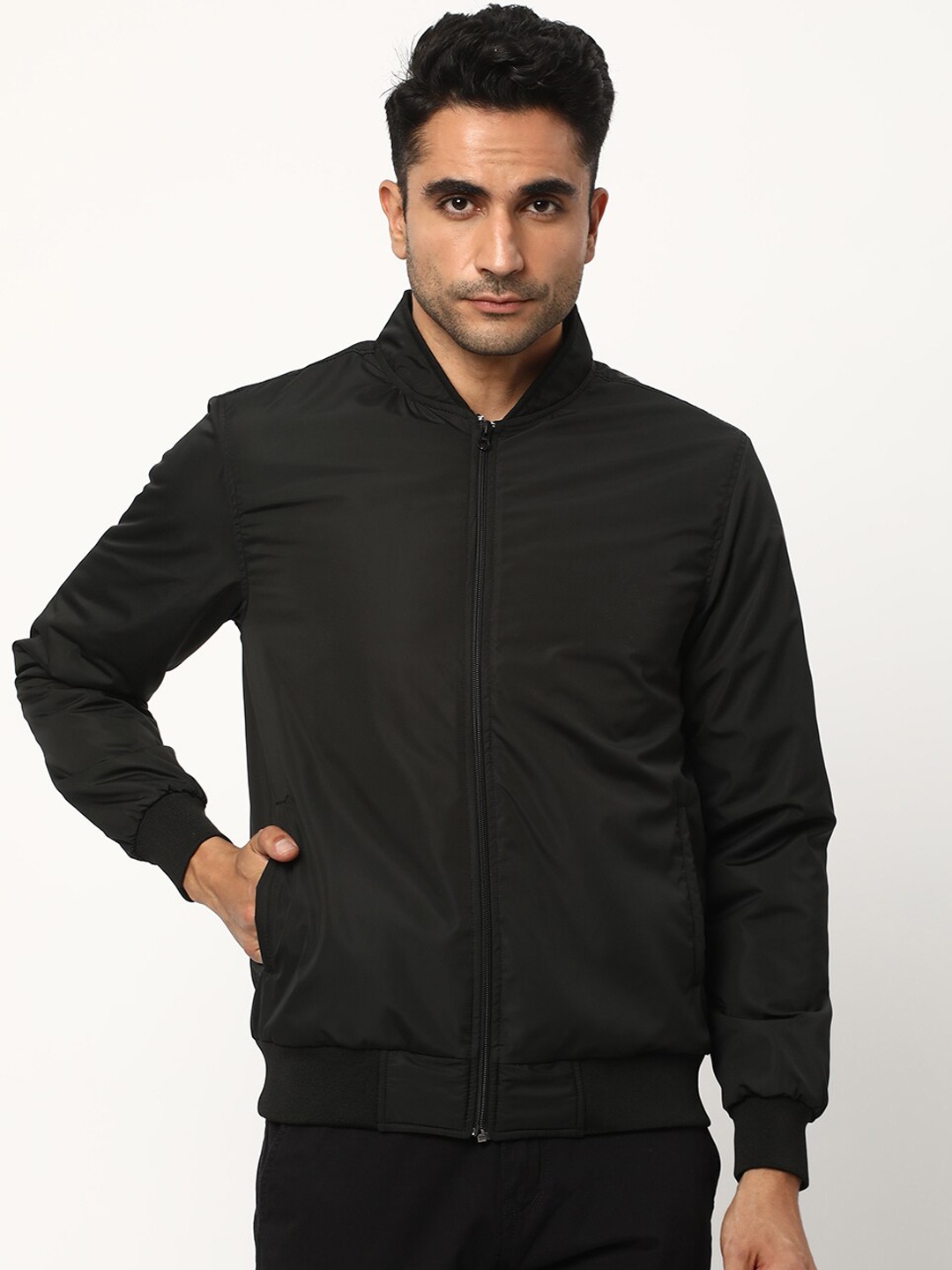 

R&B Mock Collar Bomber Jacket, Black