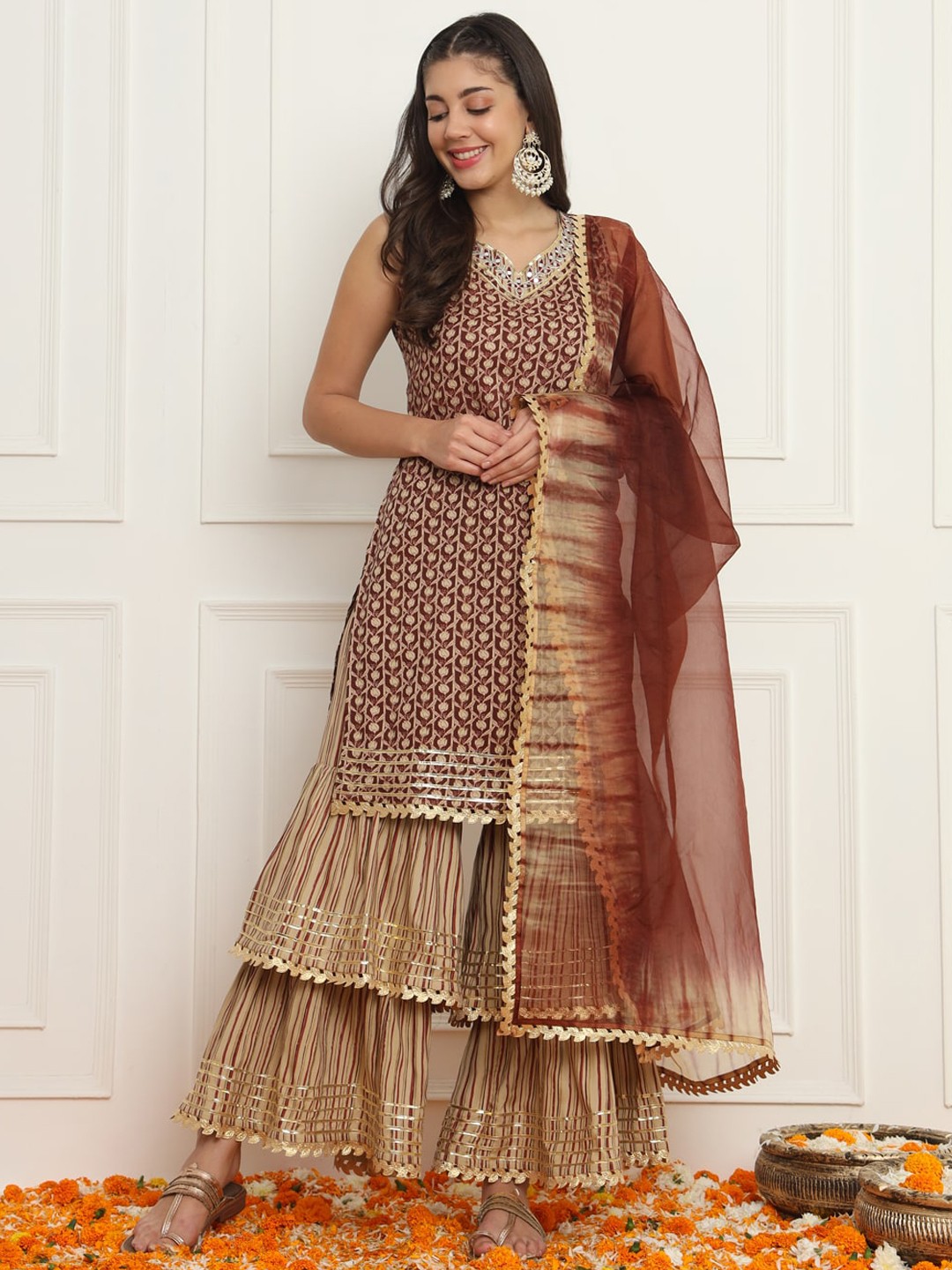 

Meeranshi Ethnic Motifs Printed Regular Mirror Work Kurta With Sharara & Dupatta, Brown