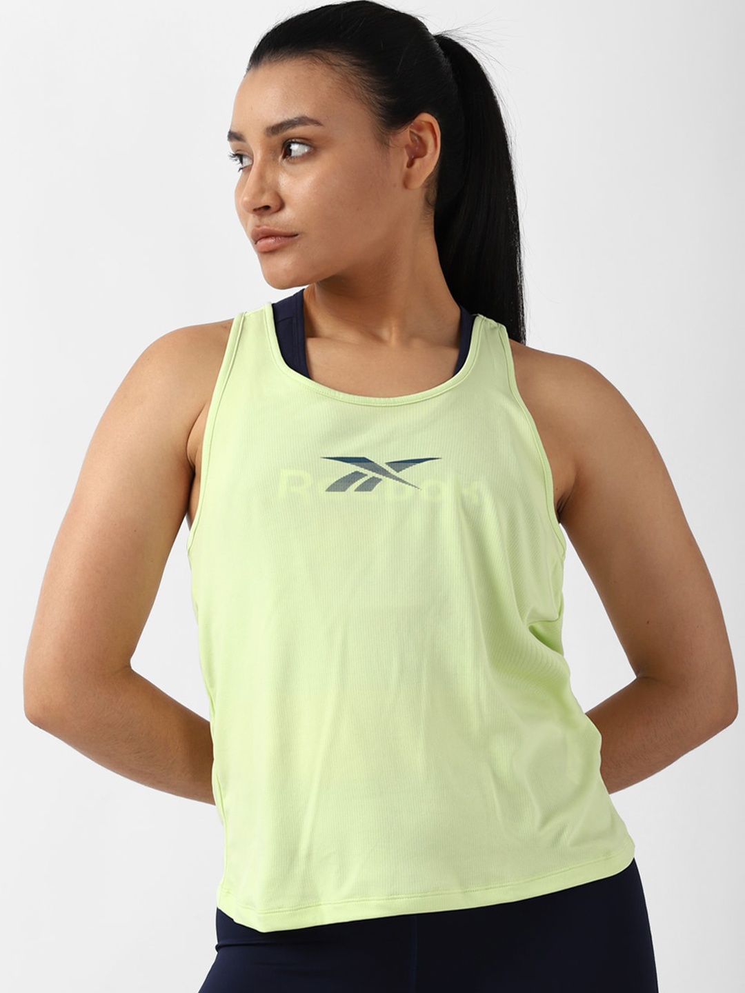 

Reebok Brand Logo Printed Sleeveless Running App Tank Top, Green