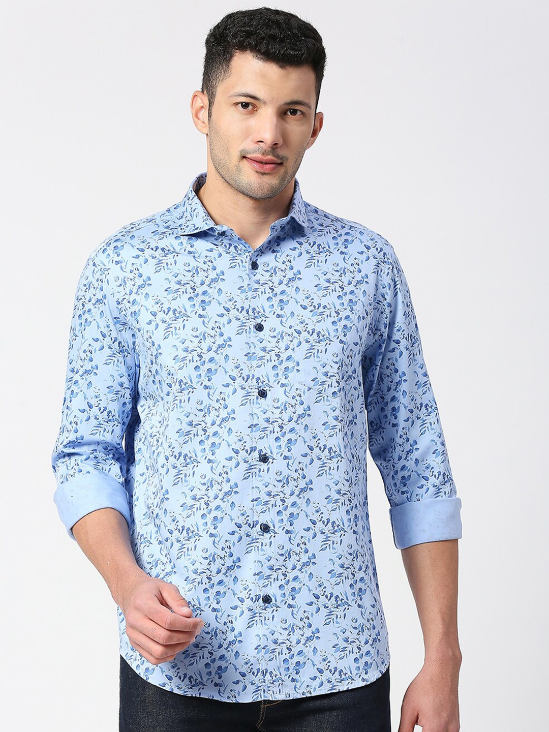 

SNX Tailored Fit Floral Printed Pure Cotton Casual Shirt, Blue