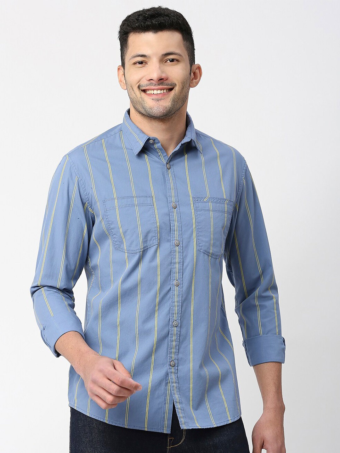 

SNX Tailored Fit Striped Pure Cotton Casual Shirt, Blue