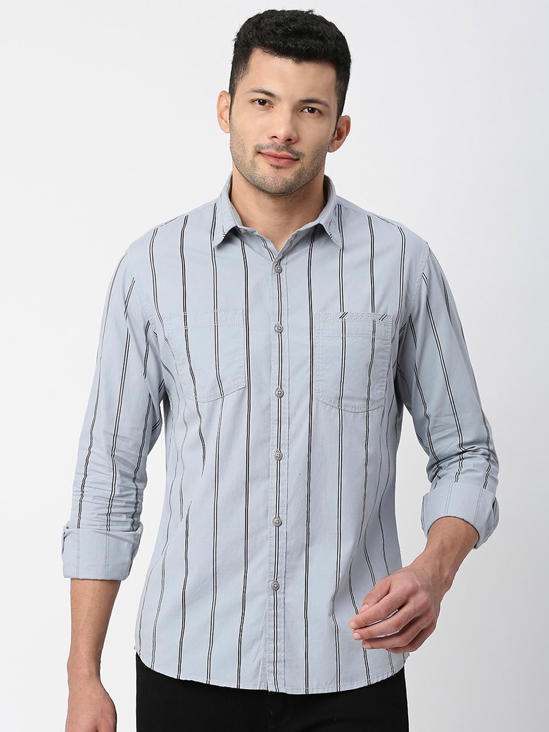 

SNX Tailored Fit Striped Pure Cotton Casual Shirt, Grey