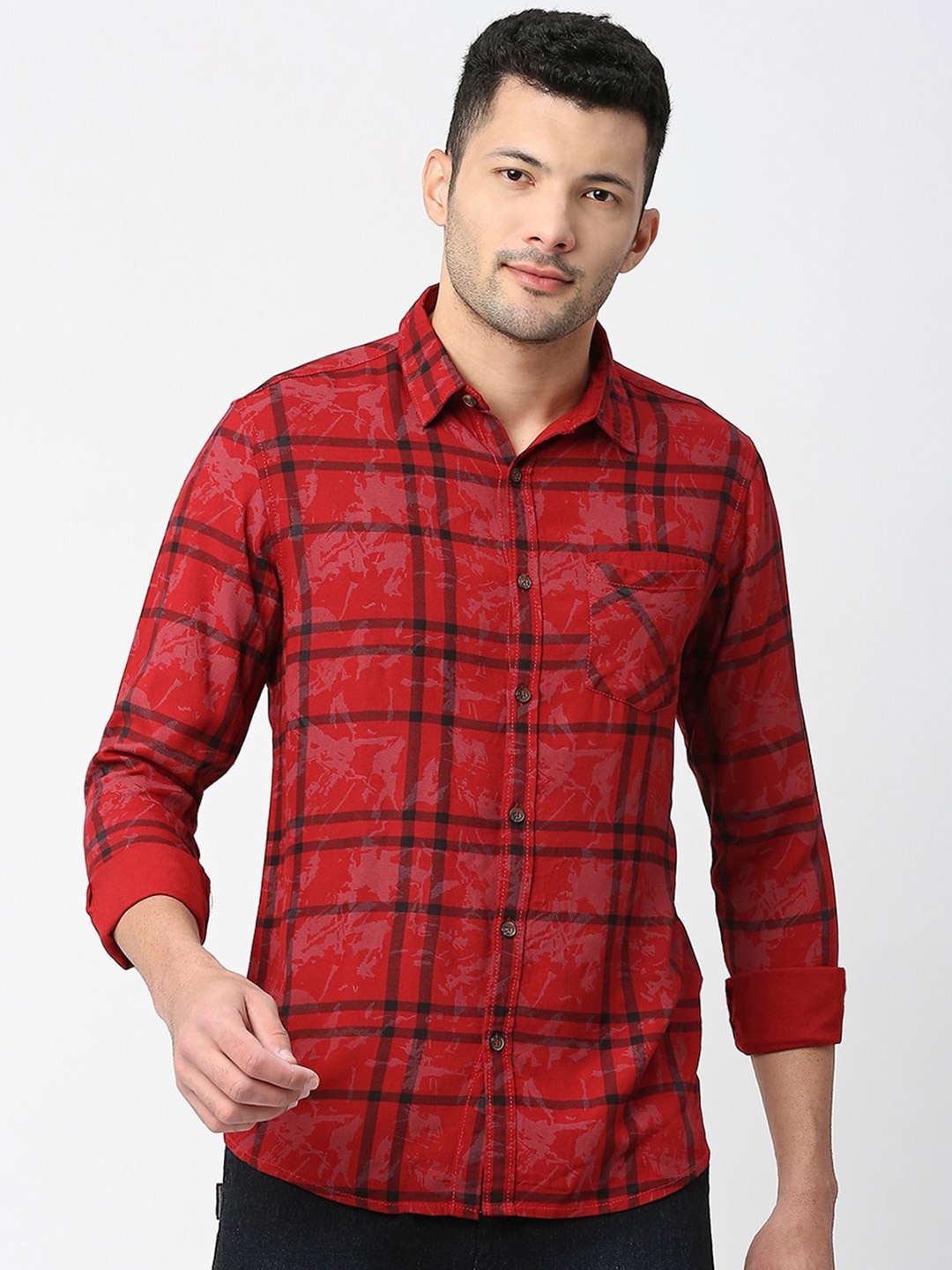 

SNX Tailored Fit Checked Pure Cotton Casual Shirt, Red