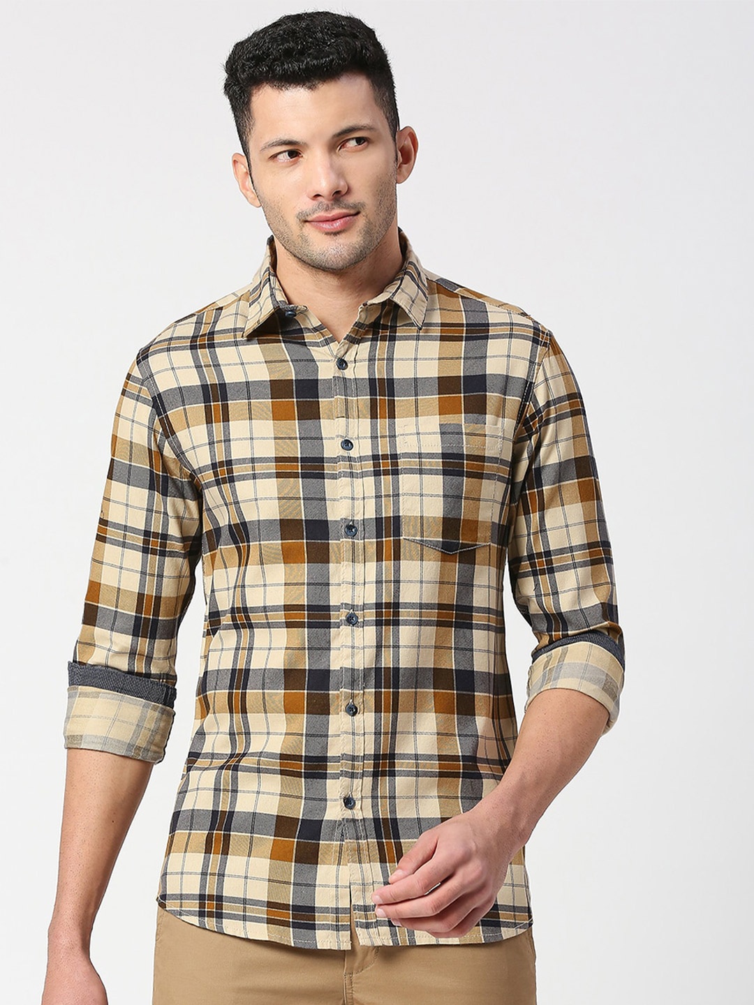 

SNX Tailored Fit Tartan Checked Pure Cotton Casual Shirt, Mustard