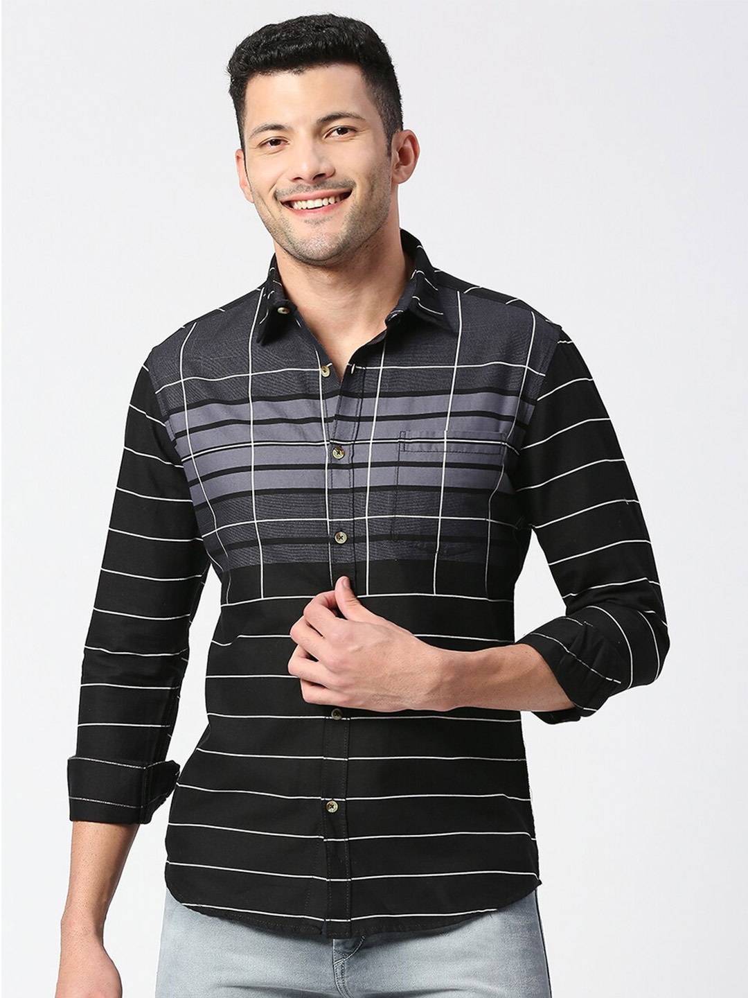 

SNX Tailored Fit Opaque Horizontal Checked Pure Cotton Casual Shirt, Black