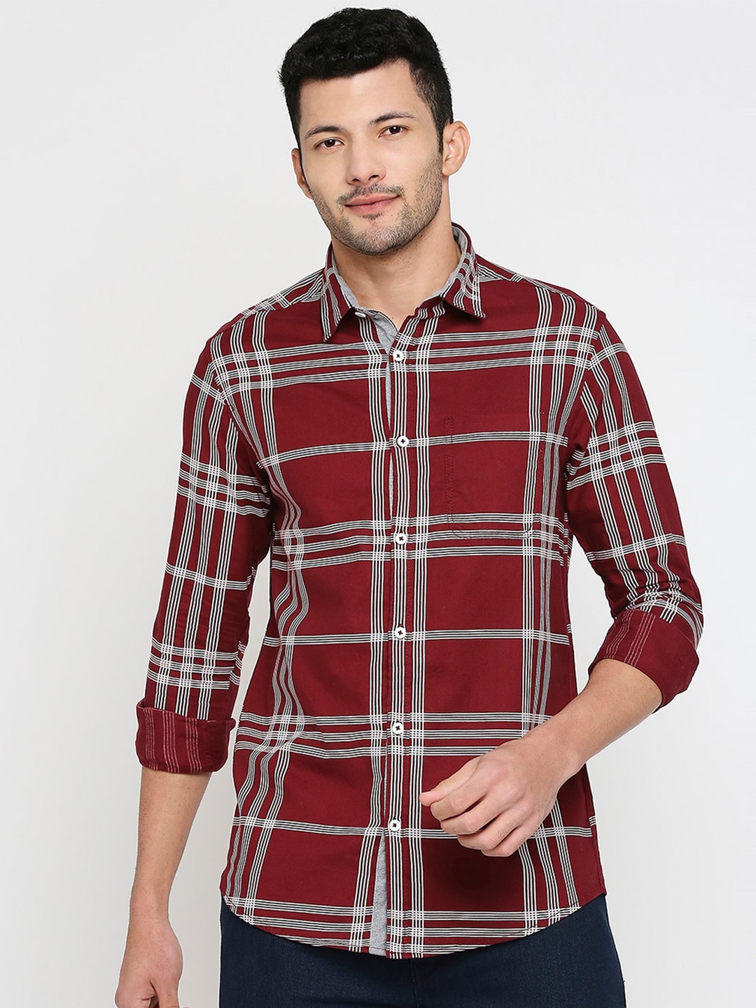 

SNX Tailored Fit Checked Spread Collar Pure Cotton Casual Shirt, Maroon