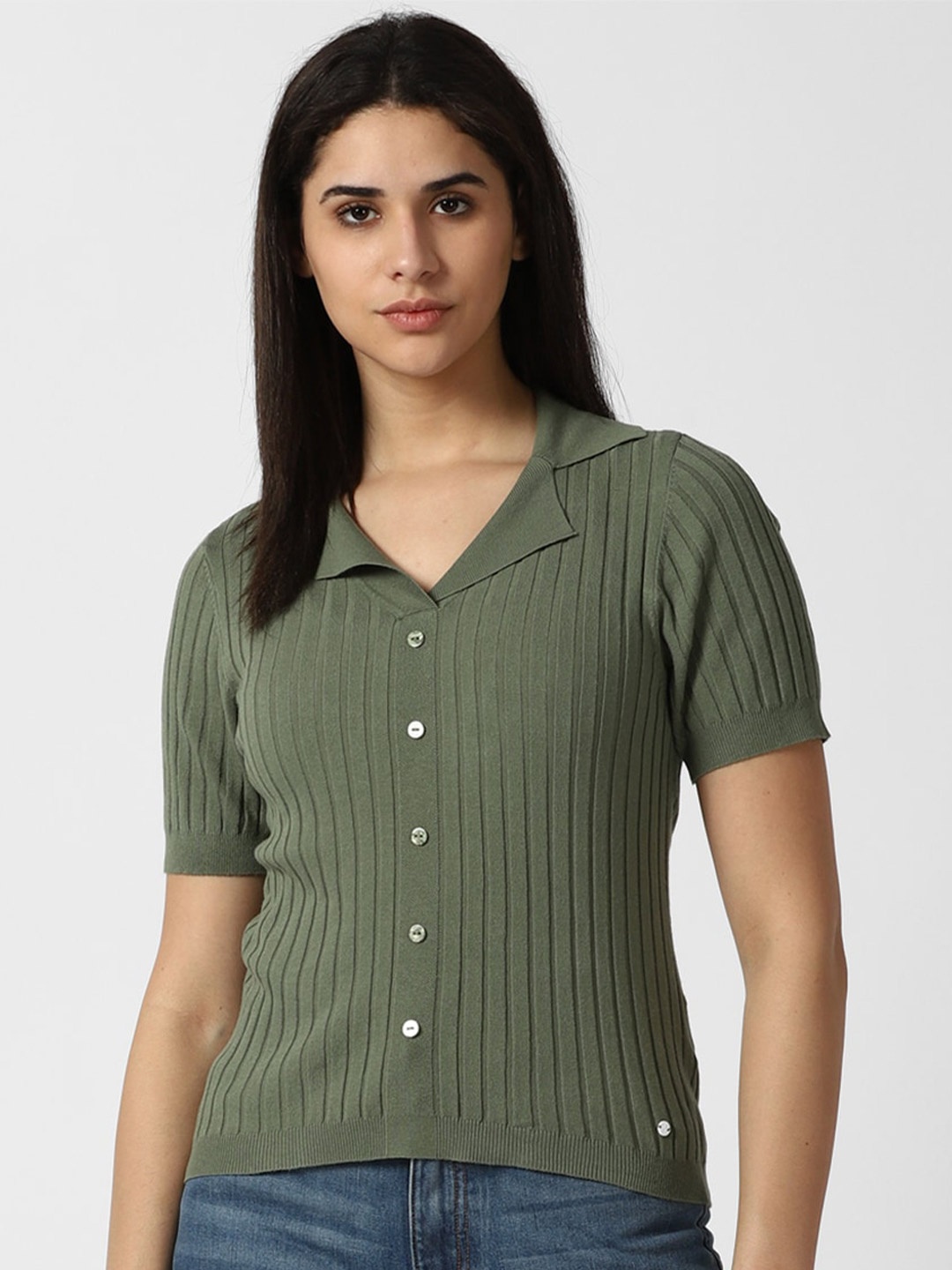 

Van Heusen Woman Self Design Stylized Neck Fitted Top, Olive