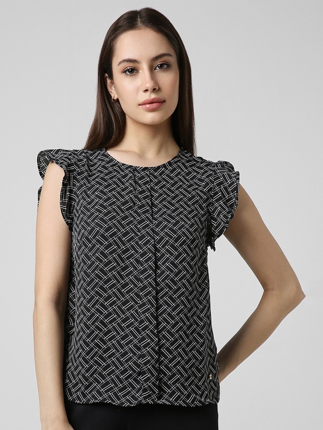 

Van Heusen Woman Printed Round Neck Flutter Sleeves Top, Black